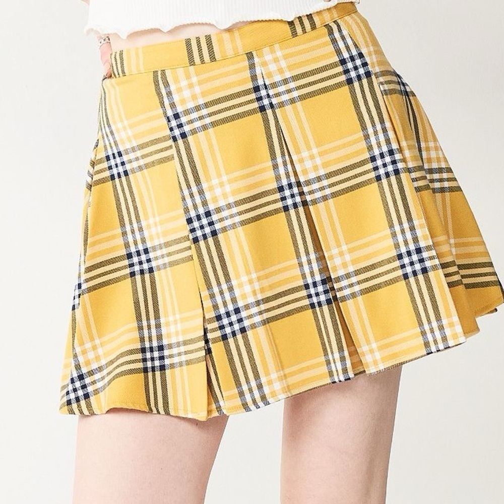 Yellow Plaid Pleated Mini Skirt